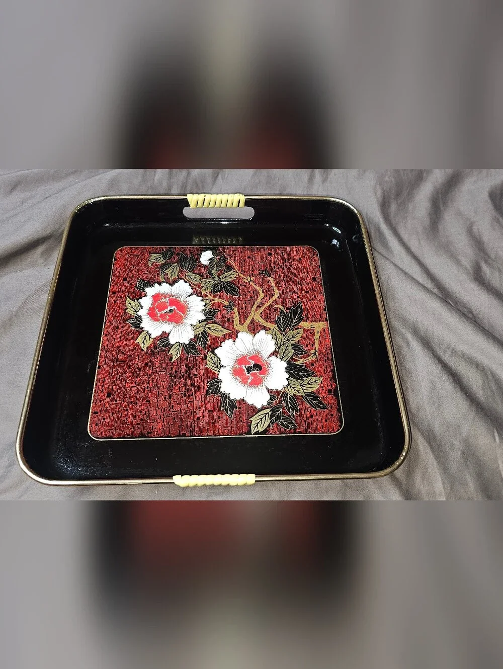 Set Of 2 Japanese Vintage 1970s Decorative Floral Serving Trays